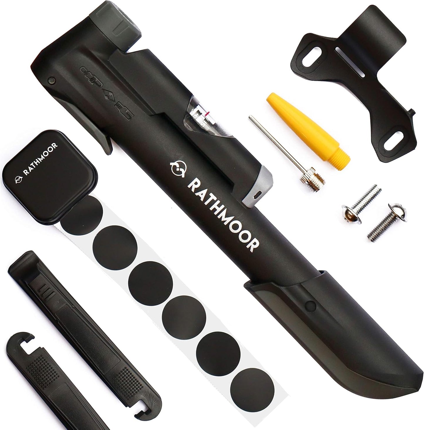 Rathmoor Bike Mini Pump with Gauge, Glueless Repair Kit, Tyre Levers Ball Needle