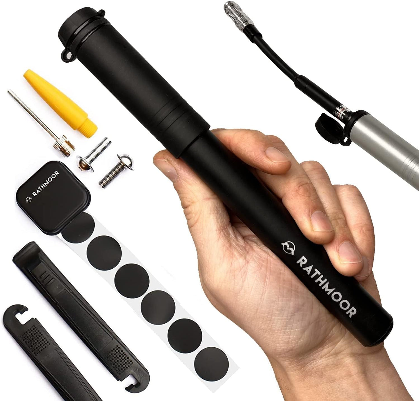 Rathmoor Black CNC Bike Mini Pump with Inline Gauge and Glueless Repair Kit