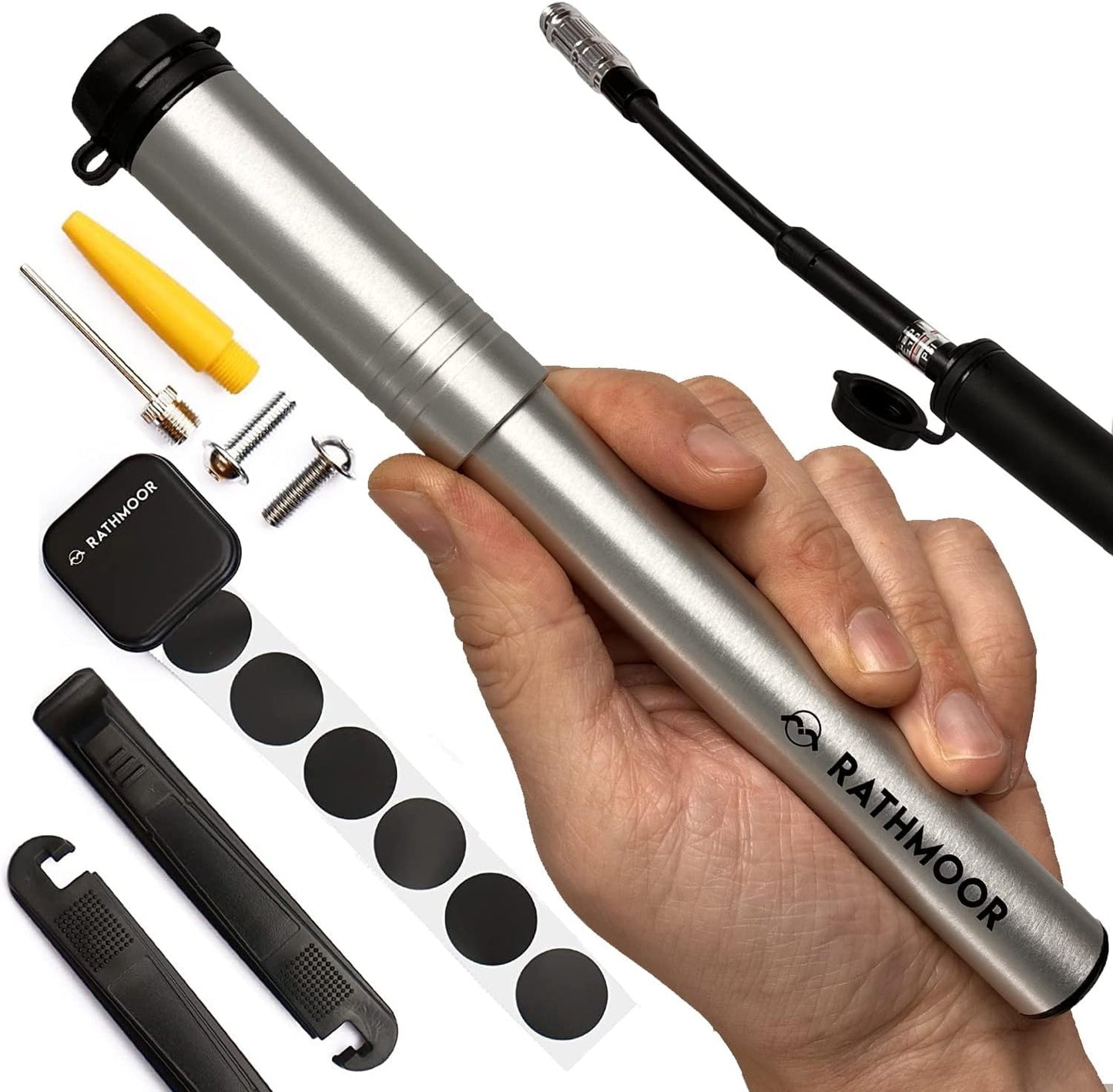 Rathmoor Silver CNC Bike Mini Pump with Inline Gauge and Glueless Repair Kit