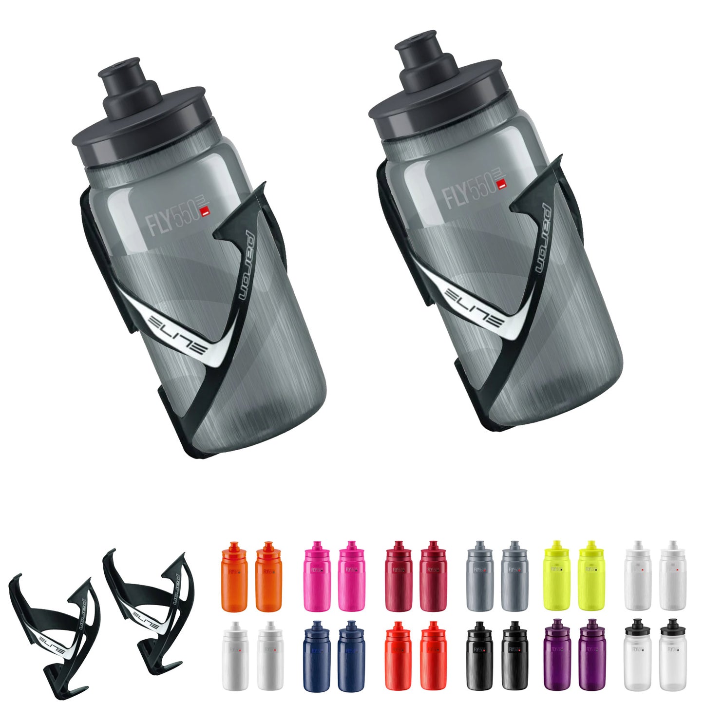PAIR of Elite Paron Bottle Cages + PAIR of Elite Fly Tex Bottles