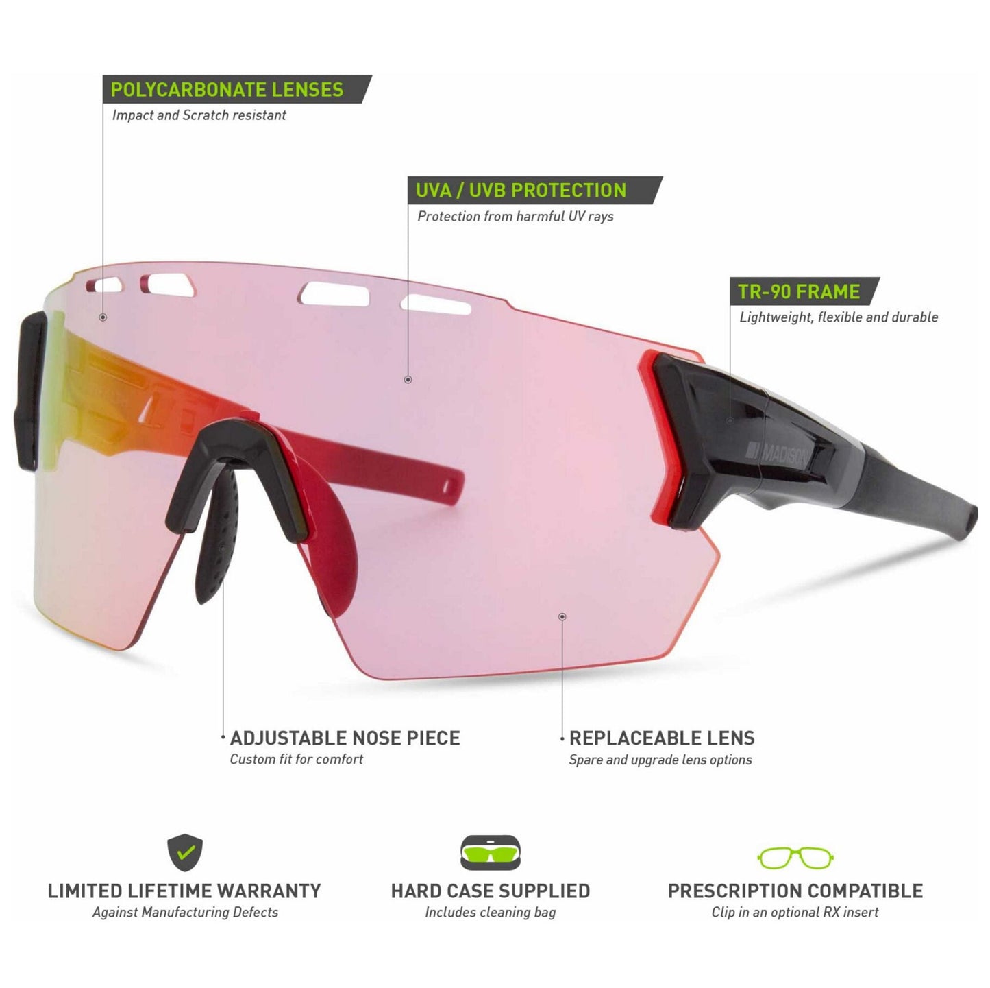 Madison Stealth Gloss Black Sunglasses - 3 Lens Pack - Pink Rose Mirror / Amber / Clear
