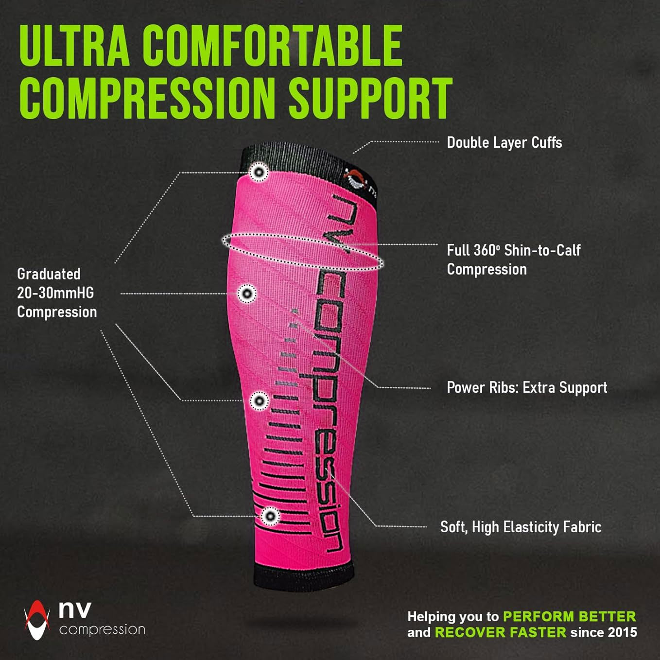 NV Compression Race and Recover Calf Sleeves (Pair) Fluoro Pink